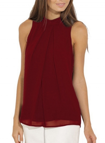 Fashion Summer Pure Color Sleeveless Flounce Halter Blouses YOUYOUFASHIONEC.com