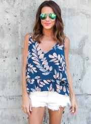 Casual Loose Flounced Chiffon Leaf Printed Sleeveless V Neck Women Blouse