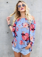 Sexy Loose Chiffon Floral Printed Long Sleeve Slash Neck Blouse