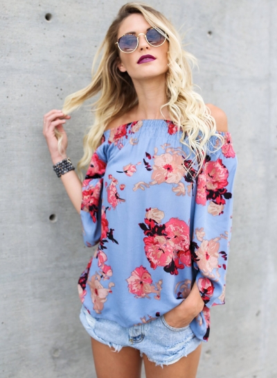 Sexy Loose Chiffon Floral Printed Long Sleeve Slash Neck Blouse YOUYOUFASHIONEC.com