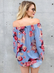 Sexy Loose Chiffon Floral Printed Long Sleeve Slash Neck Blouse