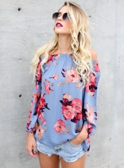 Sexy Loose Chiffon Floral Printed Long Sleeve Slash Neck Blouse