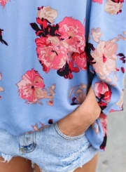 Sexy Loose Chiffon Floral Printed Long Sleeve Slash Neck Blouse