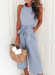 Fashion Striped Off The Shoulder Sleeveless Tie Waist Wide Leg Jumpsuits