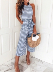 Fashion Striped Off The Shoulder Sleeveless Tie Waist Wide Leg Jumpsuits