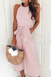 Fashion Striped Off The Shoulder Sleeveless Tie Waist Wide Leg Jumpsuits