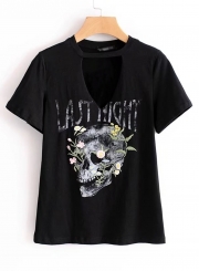 Fashion Embroidered Skull Pattern Short Sleeve V Neck Women Tee Shirt