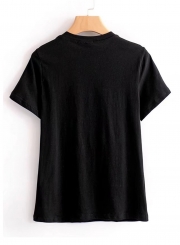 Fashion Embroidered Skull Pattern Short Sleeve V Neck Women Tee Shirt