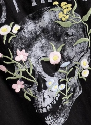 Fashion Embroidered Skull Pattern Short Sleeve V Neck Women Tee Shirt