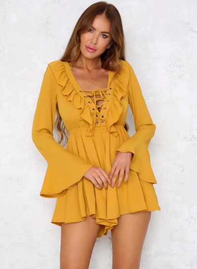 Summer Solid Long Flounce Sleeve V neck Lace-up Women Short Jumpsuits