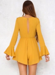Summer Solid Long Flounce Sleeve V neck Lace-up Women Short Jumpsuits
