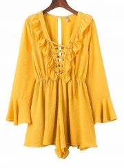 Summer Solid Long Flounce Sleeve V neck Lace-up Women Short Jumpsuits