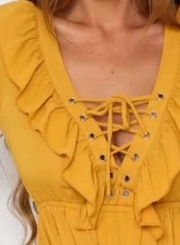 Summer Solid Long Flounce Sleeve V neck Lace-up Women Short Jumpsuits