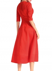 Vintage Fashion Solid Half Sleeve V Neck Midi Women Dress With Zip