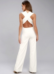Fashion Sexy Solid Sleeveless Backless V Neck Wide Leg Jumpsuits