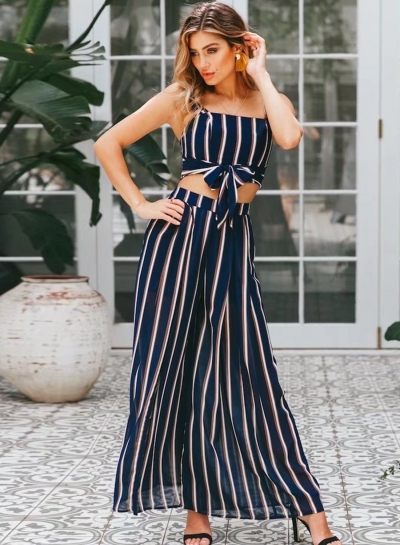 Fashion Striped Spaghetti Strap Cropped Top Wide Leg Pants Set YOUYOUFASHIONEC.com