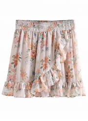 Fashion Sweet Floral Printed Flounced Elastic Waist  Women Mini Skirt