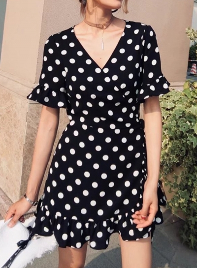 Fashion Beach Short Flare Sleeve V Neck Dress With Polka Dot LEXELFASHIONINTSHOPS.com