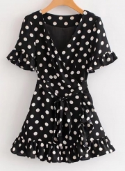 Fashion Beach Short Flare Sleeve V Neck Dress With Polka Dot