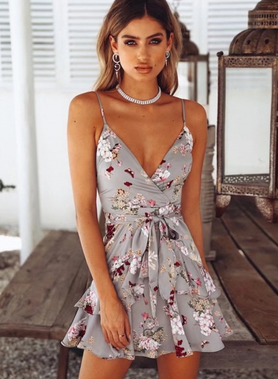 Fashion Floral Printed Spaghetti Strap Sleeveless Backless V Neck Dress LEXELFASHIONINTSHOPS.com