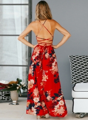 Fashion Floral Printed Strap Lace-up Slit Sleeveless V Neck Dress