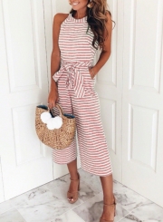 Fashion Striped Off The Shoulder Sleeveless Tie Waist Wide Leg Jumpsuits