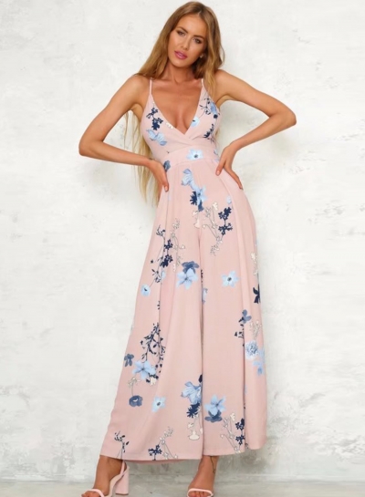 Fashion Floral Printed Spaghetti Strap Backless V Neck Jumpsuits