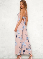 Fashion Floral Printed Spaghetti Strap Backless V Neck Jumpsuits