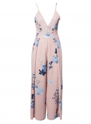 Fashion Floral Printed Spaghetti Strap Backless V Neck Jumpsuits