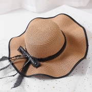 Fashion Casual Straw Floppy Foldable Beach Sunscreen Hat With Wave Ribbon