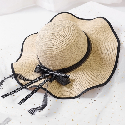 Fashion Casual Straw Floppy Foldable Beach Sunscreen Hat With Wave Ribbon LZDINTECOMMERCE.com