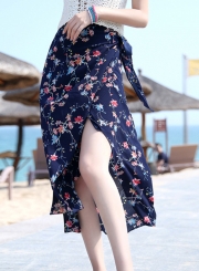 Fashion Bohemian Floral Printed Lace-up Slit Long Beach Women Skirt