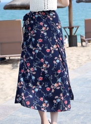 Fashion Bohemian Floral Printed Lace-up Slit Long Beach Women Skirt