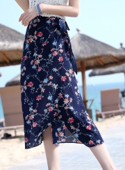 Fashion Bohemian Floral Printed Lace-up Slit Long Beach Women Skirt