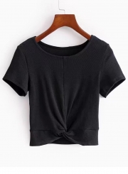 Casual Solid Cross Ruffle Short Sleeve Round Neck Crop Top