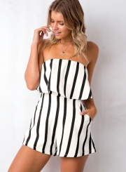 Fashion Sexy Striped Off The Shoulder Women Wide Leg Rompers With Zip