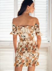 Floral printed Short Sleeve Slash Neck Smocking Bodycon Dress