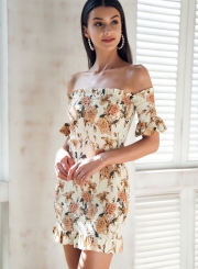 Floral printed Short Sleeve Slash Neck Smocking Bodycon Dress