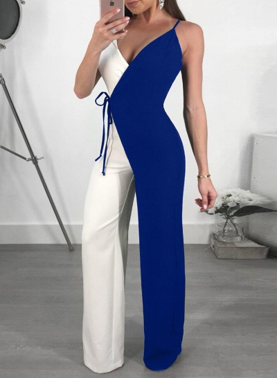 V Neck Sleeveless Contrast Color Wide Leg Jumpsuits