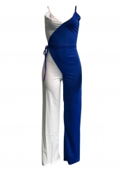 V Neck Sleeveless Contrast Color Wide Leg Jumpsuits