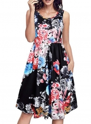 Fashion Floral Printed Sleeveless Round Neck Women Vest Dress