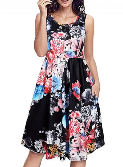 Fashion Floral Printed Sleeveless Round Neck Women Vest Dress YOUYOUFASHIONEC.com