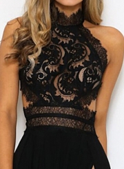 Fashion Lace Hollowed Out Sleeveless Backless High Slit Women Maxi Dress