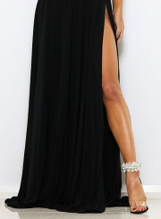 Fashion Lace Hollowed Out Sleeveless Backless High Slit Women Maxi Dress