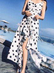 Beach Irregular Spaghetti Strap V Neck Women Dress With Polka Dots