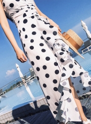 Beach Irregular Spaghetti Strap V Neck Women Dress With Polka Dots