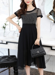 Elegant Striped Mesh Spicing Short Sleeve Round Neck Dress