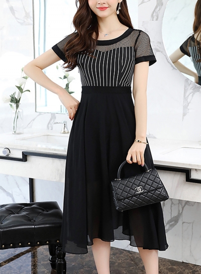 Elegant Striped Mesh Spicing Short Sleeve Round Neck Dress LZDINTECOMMERCE.com