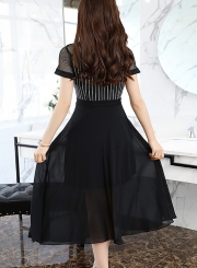 Elegant Striped Mesh Spicing Short Sleeve Round Neck Dress