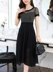 Elegant Striped Mesh Spicing Short Sleeve Round Neck Dress